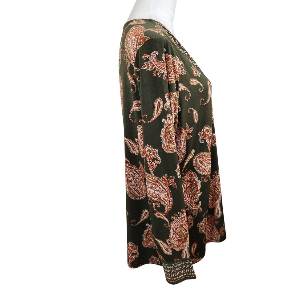 Belle Kim Gravel Women's Olive Green Paisley Print Long Sleeve V Neck Top Size L - Picture 2 of 9